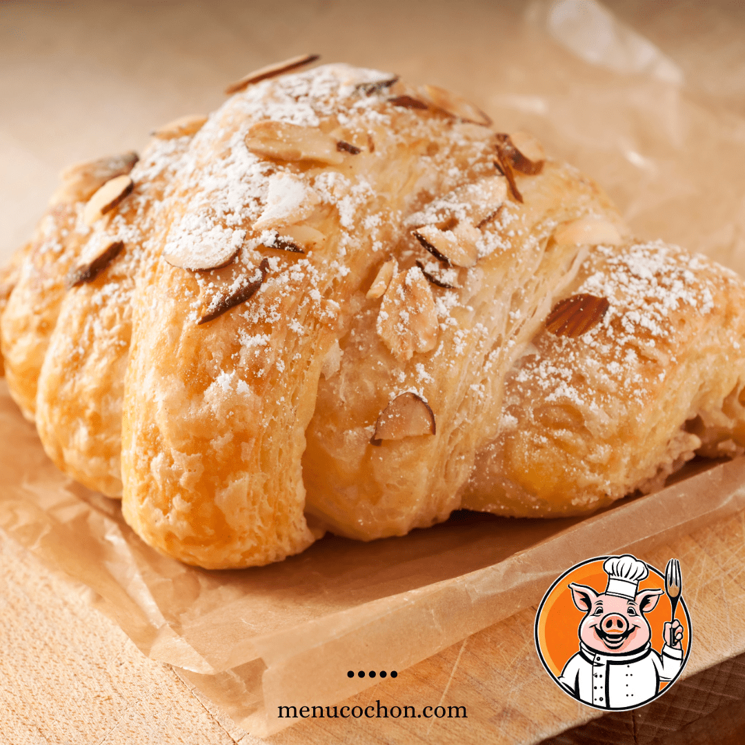 Croissant aux amandes sur table en bois.