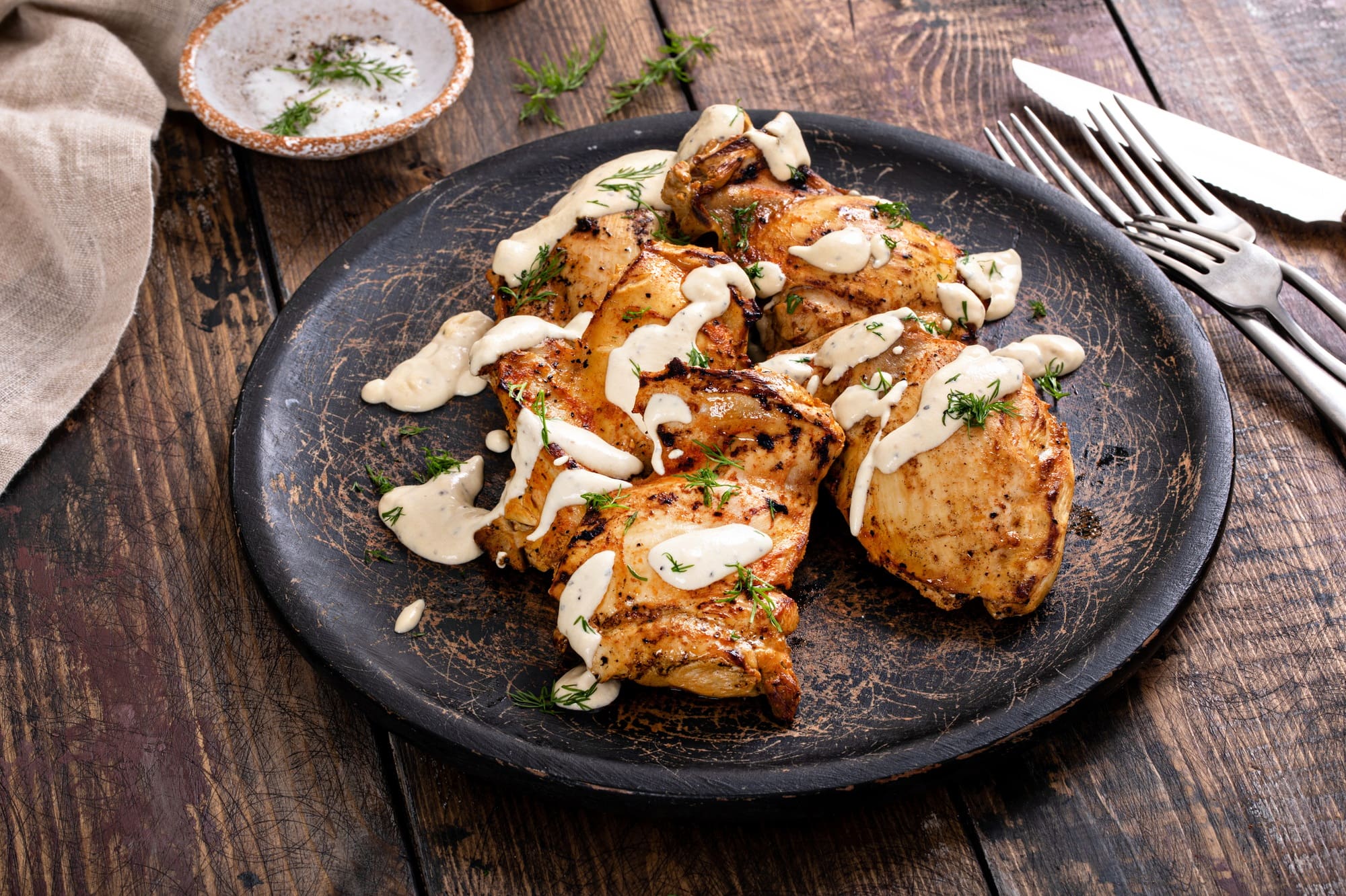 Roasted chicken thighs with dill pickle sauce